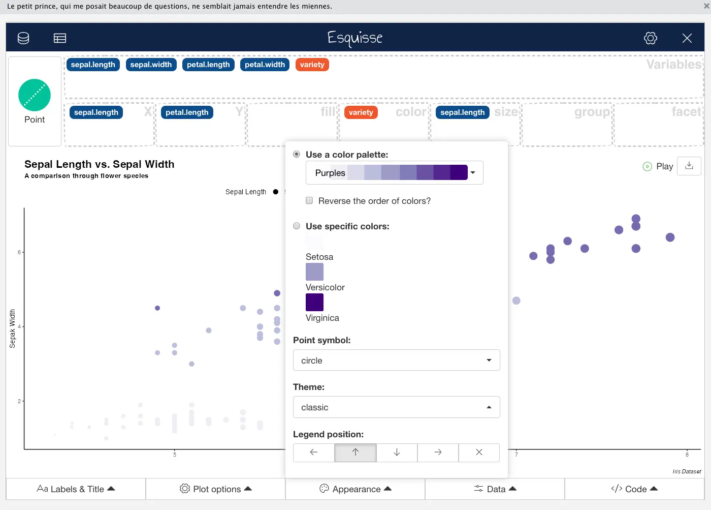 Changing color palette and theme of ggplot2 charts with R Esquisse